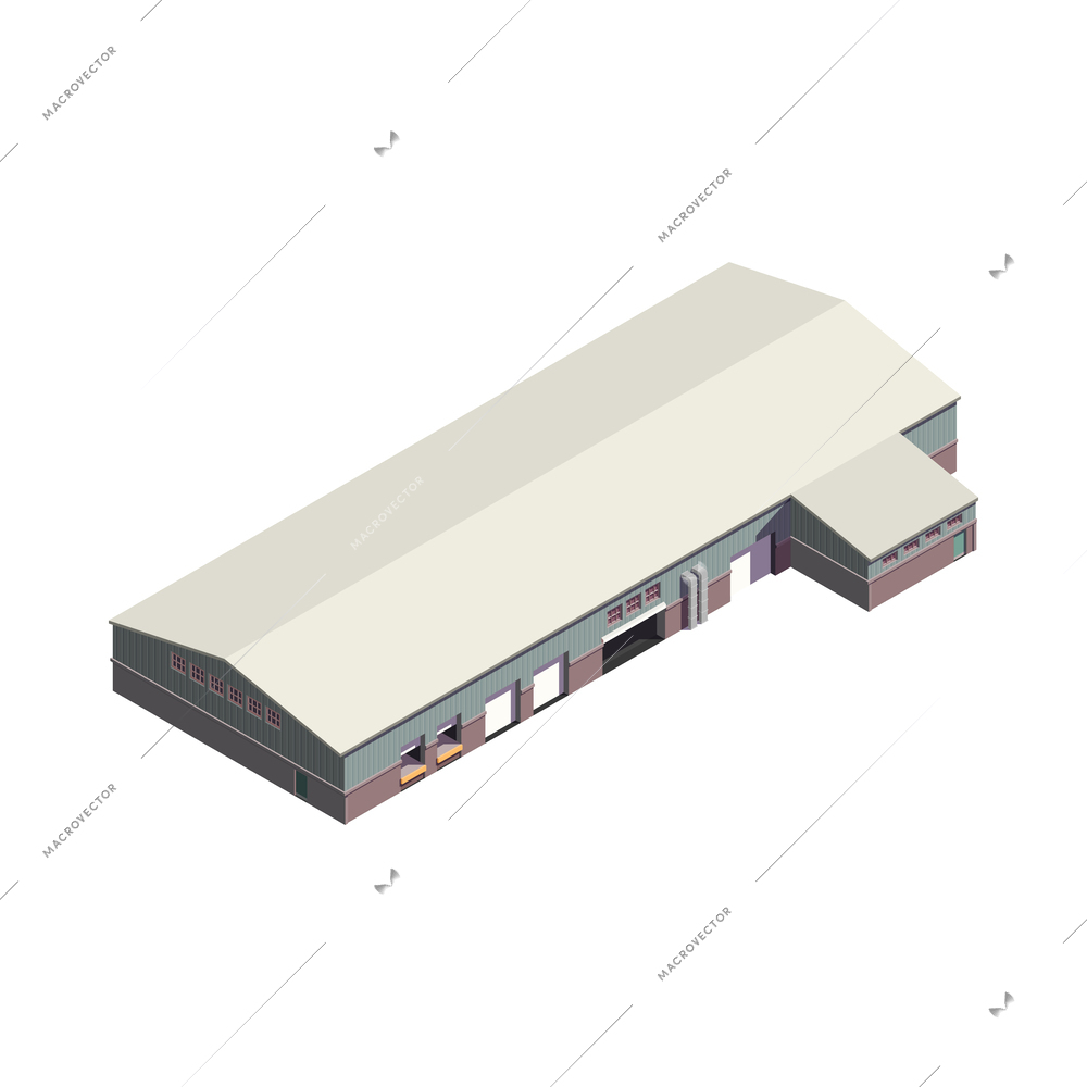 Isometric industrial warehouse building exterior on white background 3d vector illustration