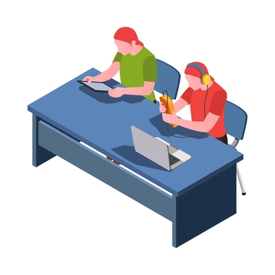 Stem education isometric icon with students using various devices in class 3d vector illustration