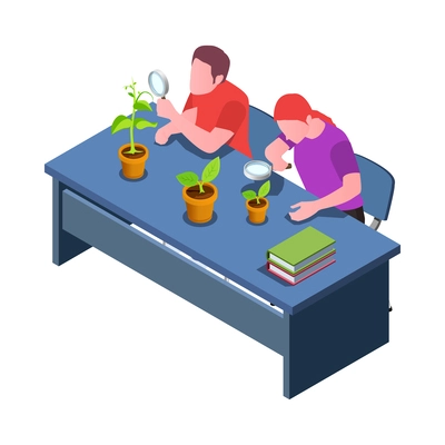 Stem education isometric icon with students looking at plants through magnifier 3d vector illustration