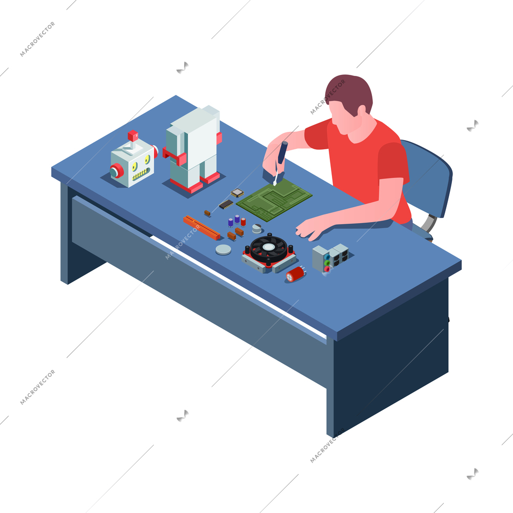 Stem education isometric icon with student assemblying robot 3d vector illustration