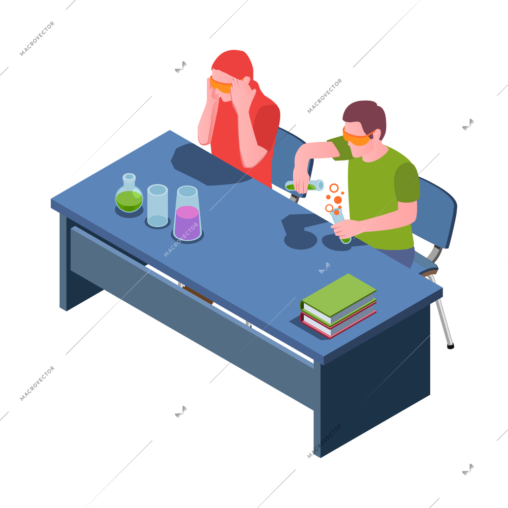 Stem education isometric icon with students carrying out chemical experiment 3d vector illustration
