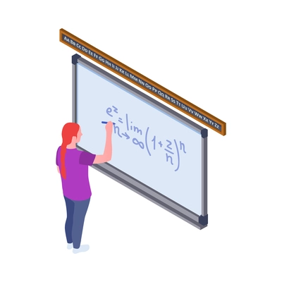 Stem education isometric icon with student solving chemical experiment on board 3d vector illustration