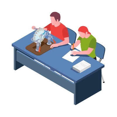 Stem education isometric icon with students in classroom 3d vector illustration