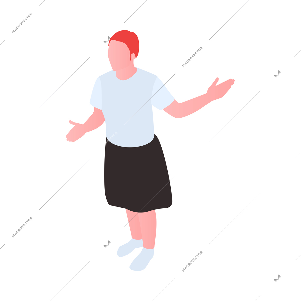 Isometric girl wearing white shirt and black skirt 3d vector illustration