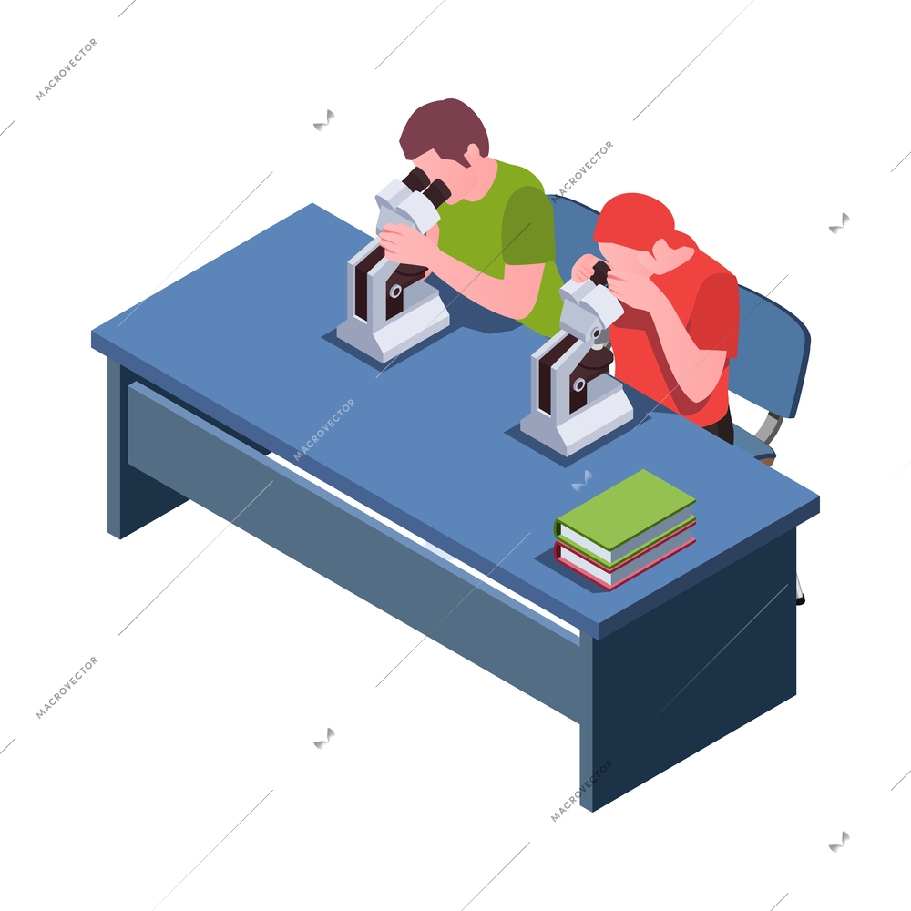 Stem education isometric icon with students looking through microscope 3d vector illustration