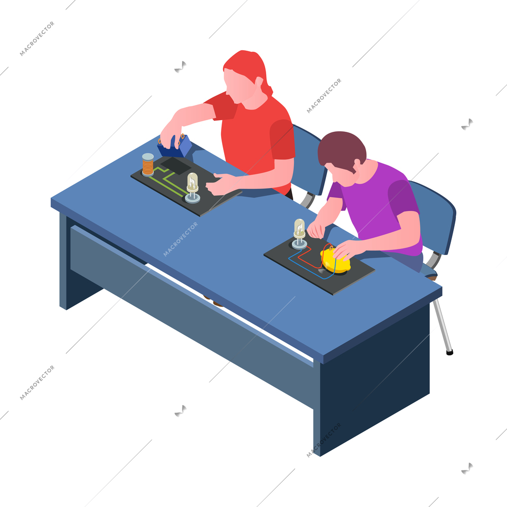 Stem education isometric icon with students in science lesson 3d vector illustration