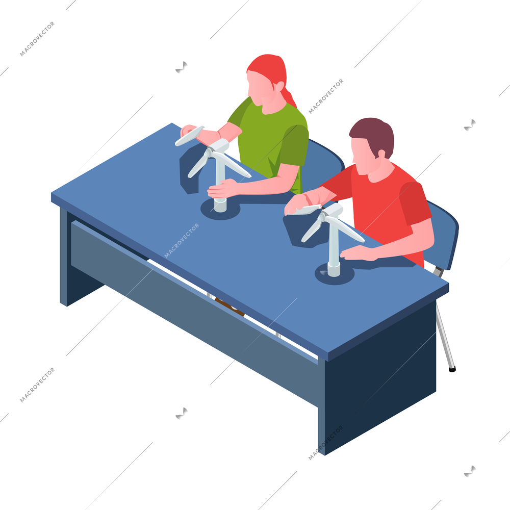 Stem education isometric icon with students in engineering lesson 3d vector illustration