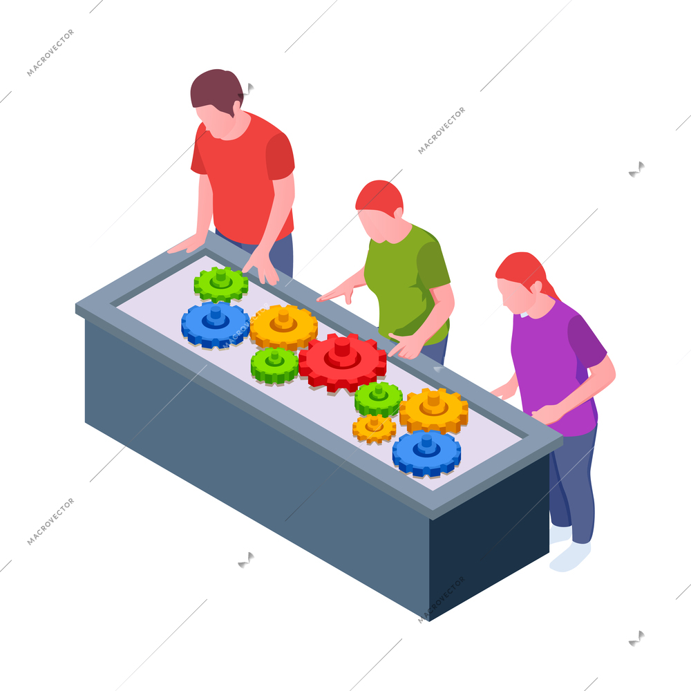 Stem education isometric icon with students looking at colorful cogwheels 3d vector illustration