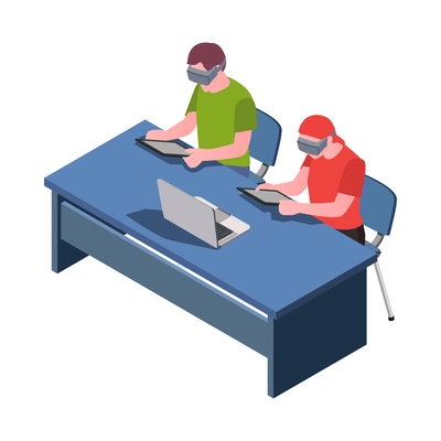 Stem education isometric icon with students using virtual reality headset in lesson 3d vector illustration