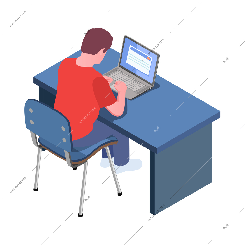 Stem education isometric icon with male student using computer in lesson 3d vector illustration