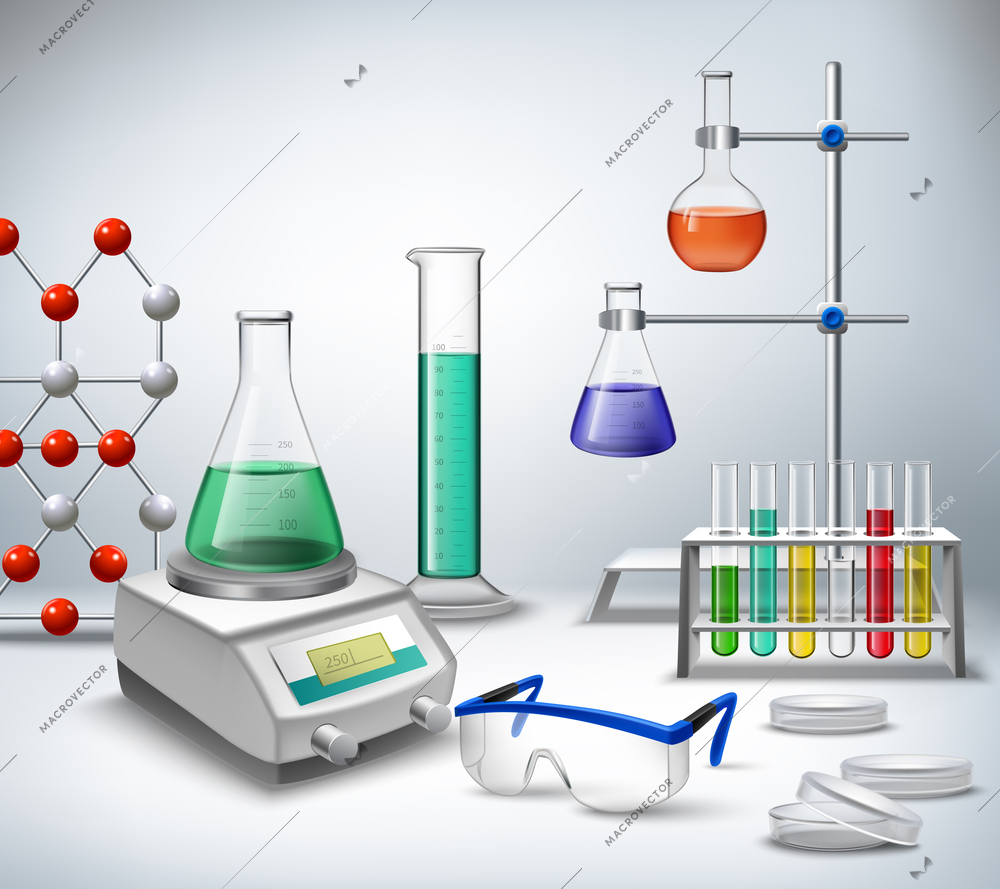 Science chemical and medical research equipment in lab realistic background vector illustration