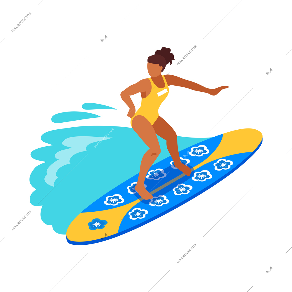 Summer water sport isometric icon with surfing woman 3d vector illustration