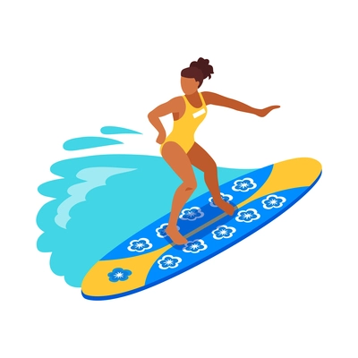 Summer water sport isometric icon with surfing woman 3d vector illustration