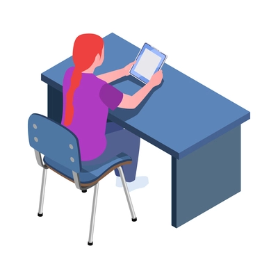 Stem education isometric icon with student using tablet in lesson 3d vector illustration