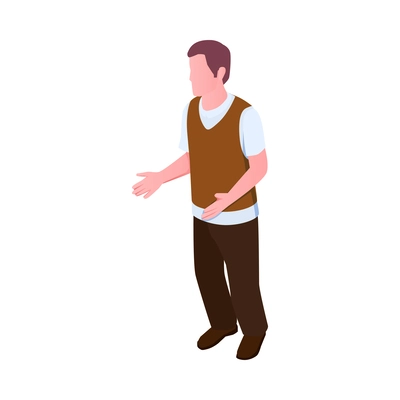 Isometric man wearing brown trousers waistcoat and white tshirt 3d vector illustration