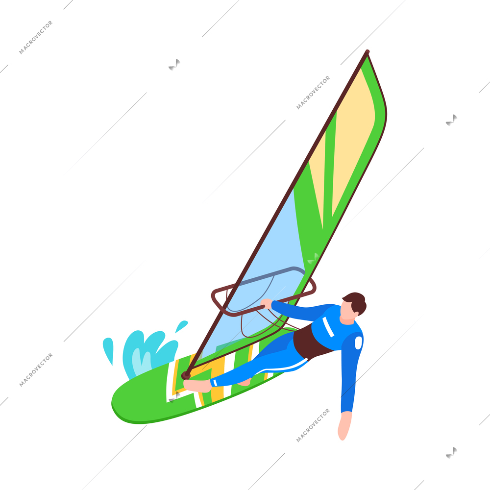 Summer water sport isometric icon with windsurfing man 3d vector illustration