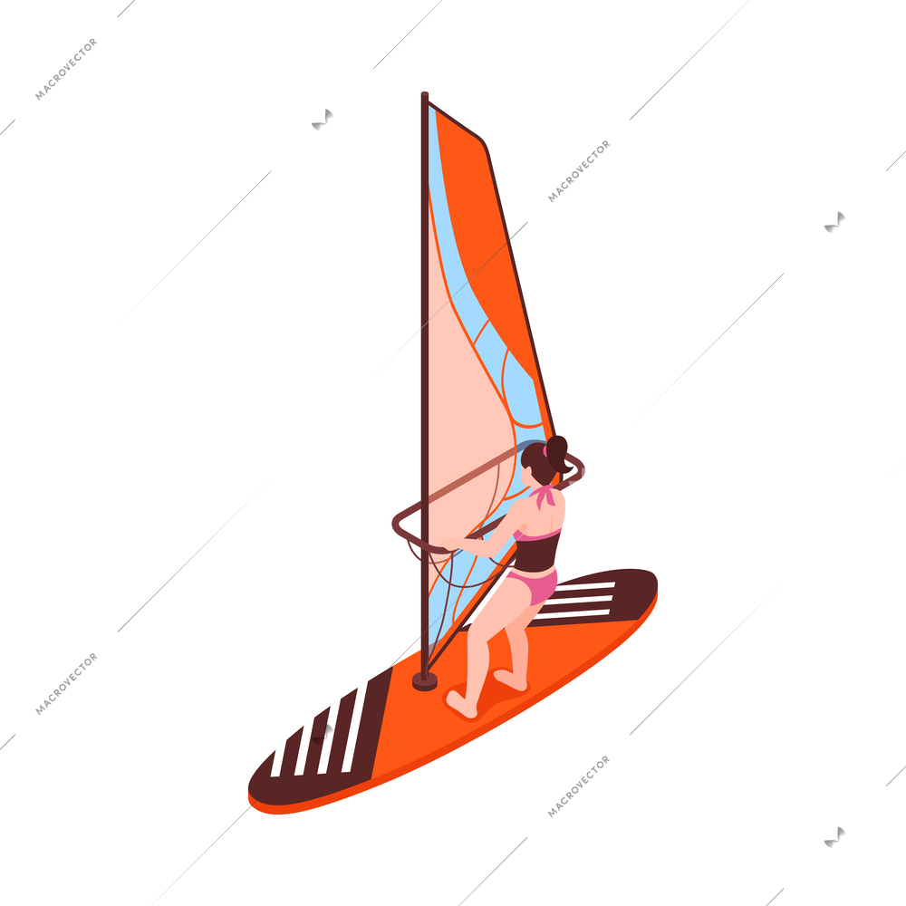 Isometric summer water sport icon with windsurfing woman 3d vector illustration