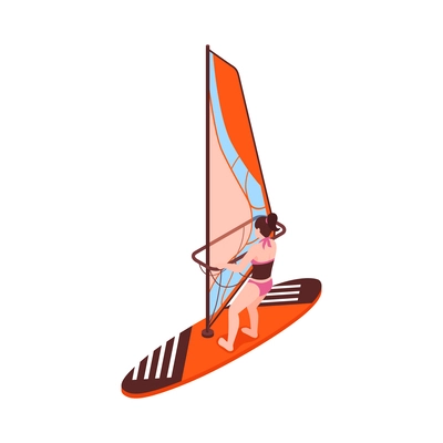 Isometric summer water sport icon with windsurfing woman 3d vector illustration