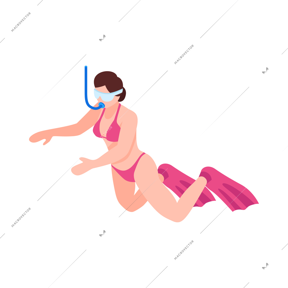 Summer water sport isometric icon with snorkelling woman 3d vector illustration