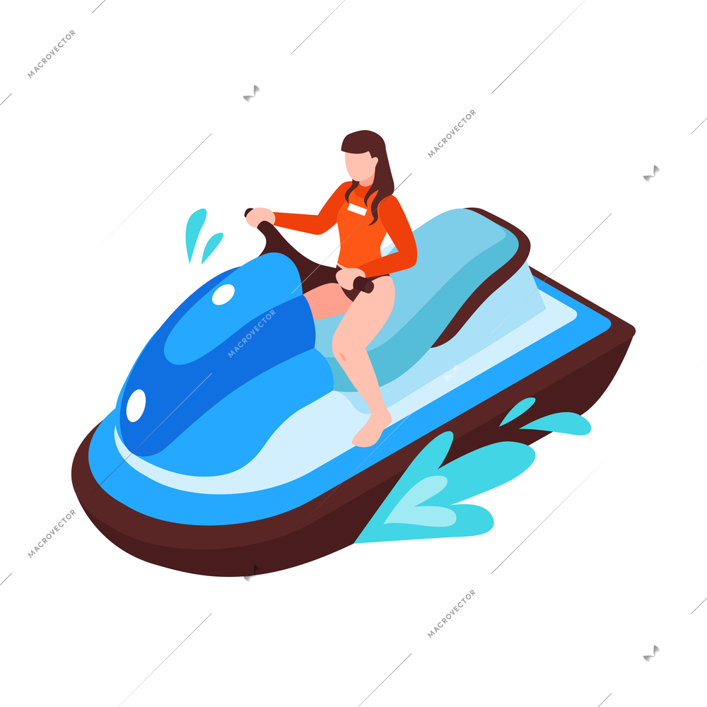 Isometric water sport icon with woman riding waverunner 3d vector illustration