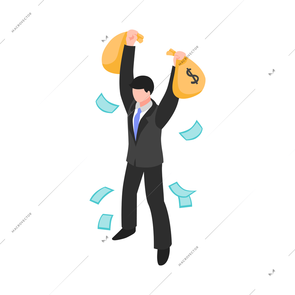 Corruption isometric icon with businessman or politician holding bags full of money 3d vector illustration