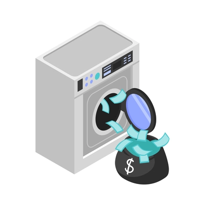 Money laundering isometric icon with banknotes in washing machine 3d vector illustration