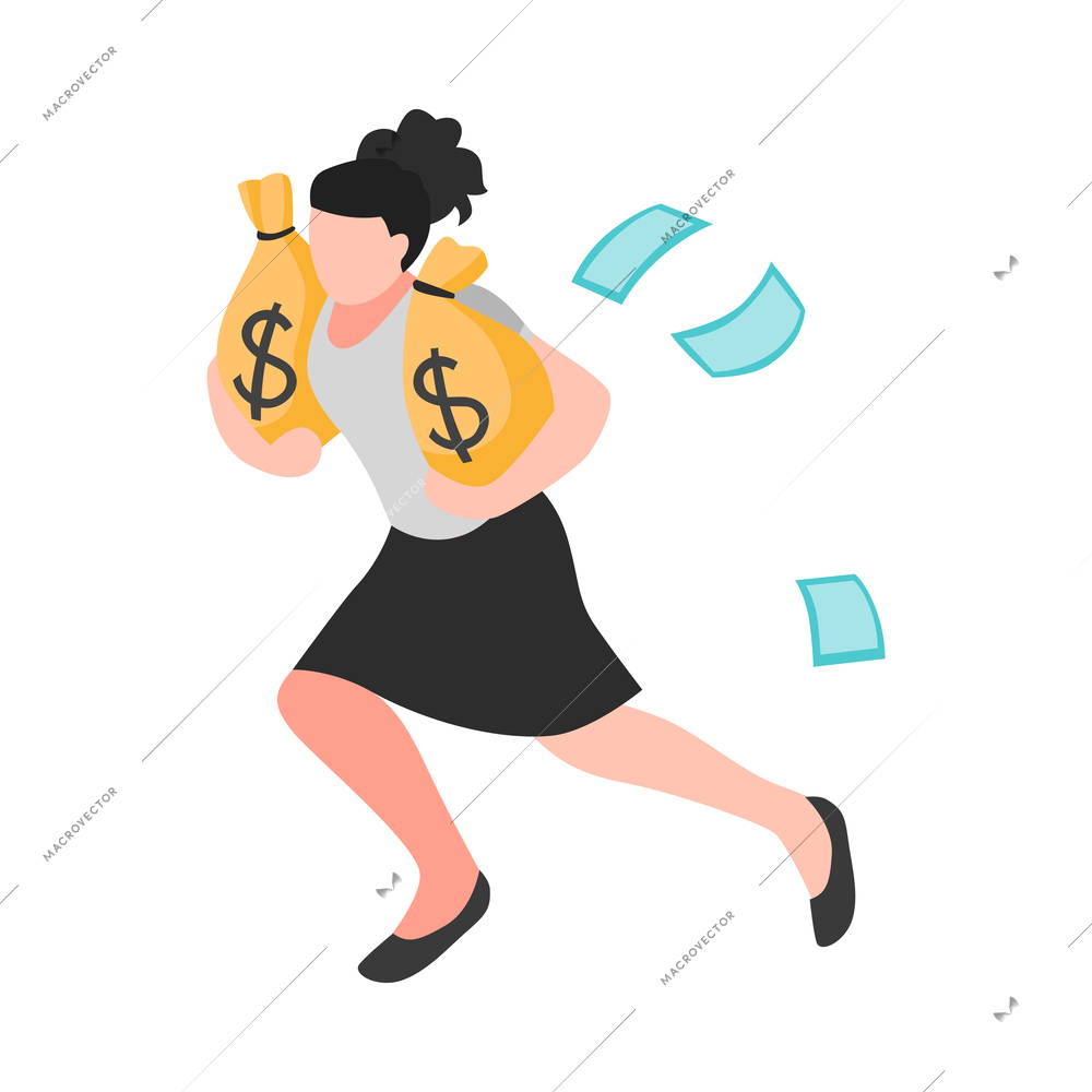 Corruption isometric icon with female character running with bags of banknotes 3d vector illustration