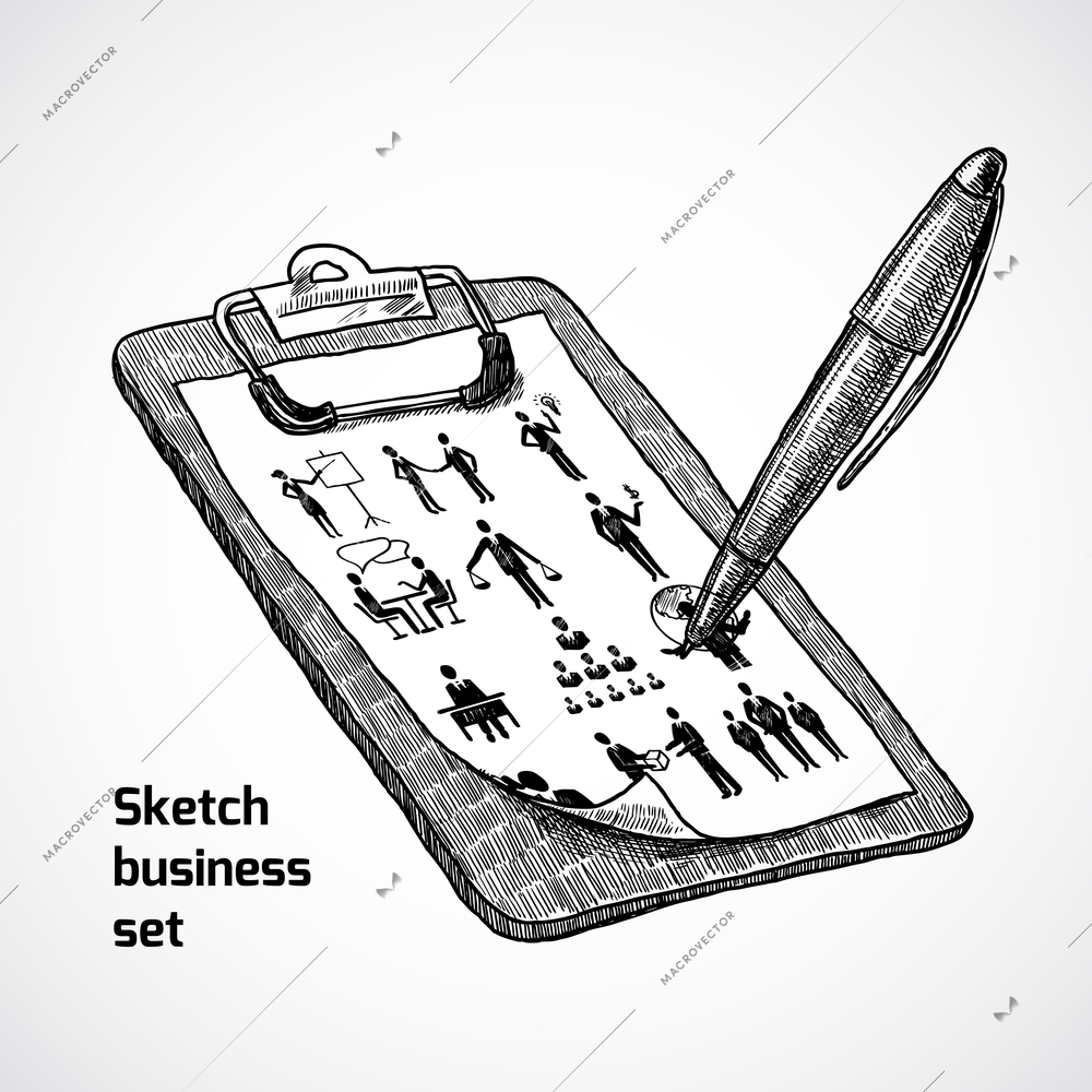 Clipboard with business people work meeting and pen sketch vector illustration