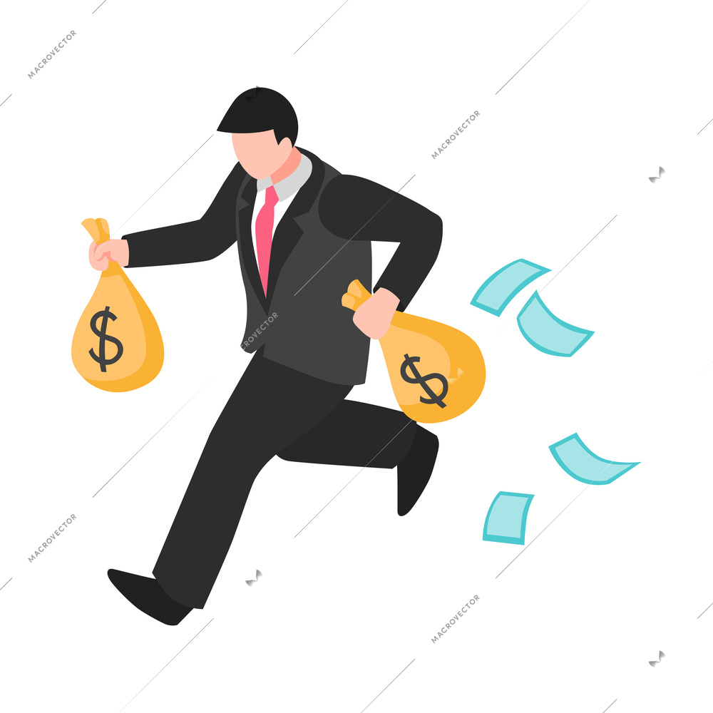 Corruption isometric icon with businessman running away with money 3d vector illustration