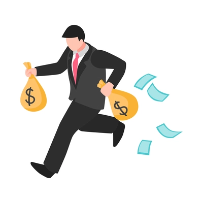 Corruption isometric icon with businessman running away with money 3d vector illustration