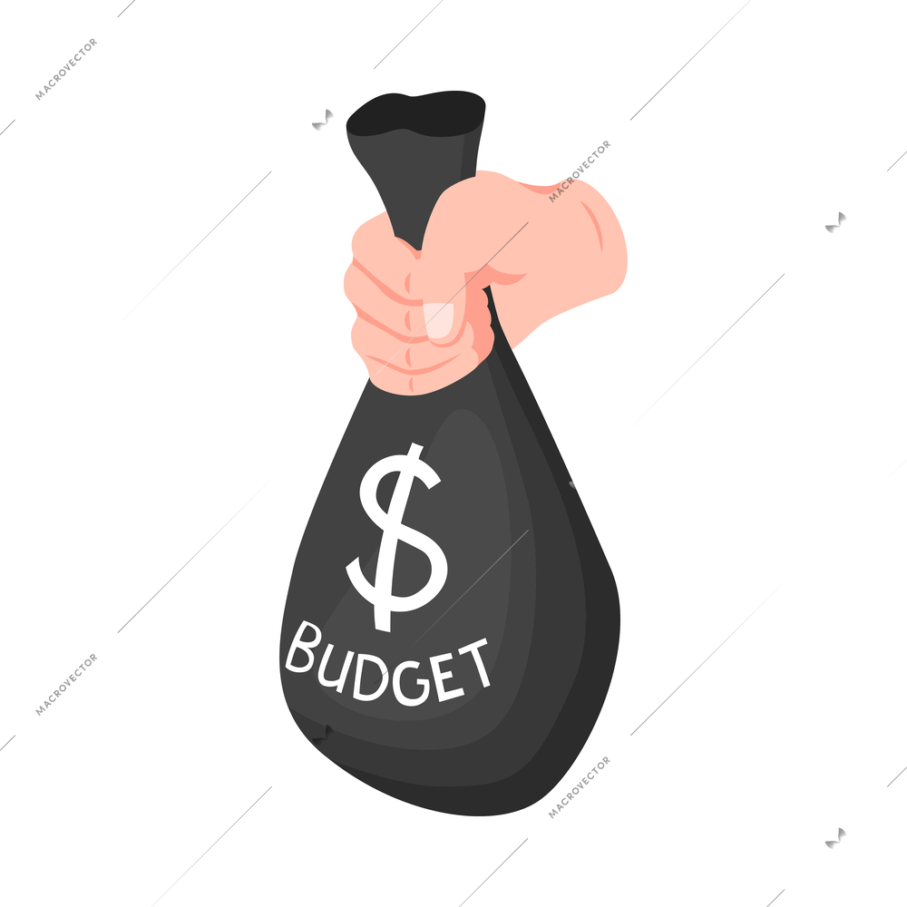 Corruption isometric icon with human hand holding bag with budget money 3d vector illustration