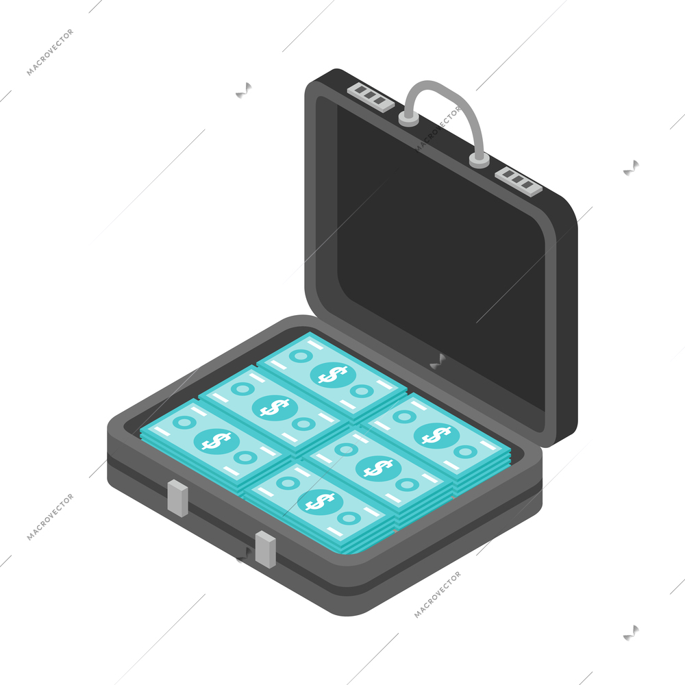 Corruption bribery isometric icon with banknotes in suitcase 3d vector illustration