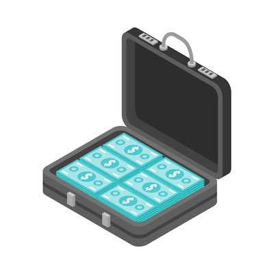 Corruption bribery isometric icon with banknotes in suitcase 3d vector illustration