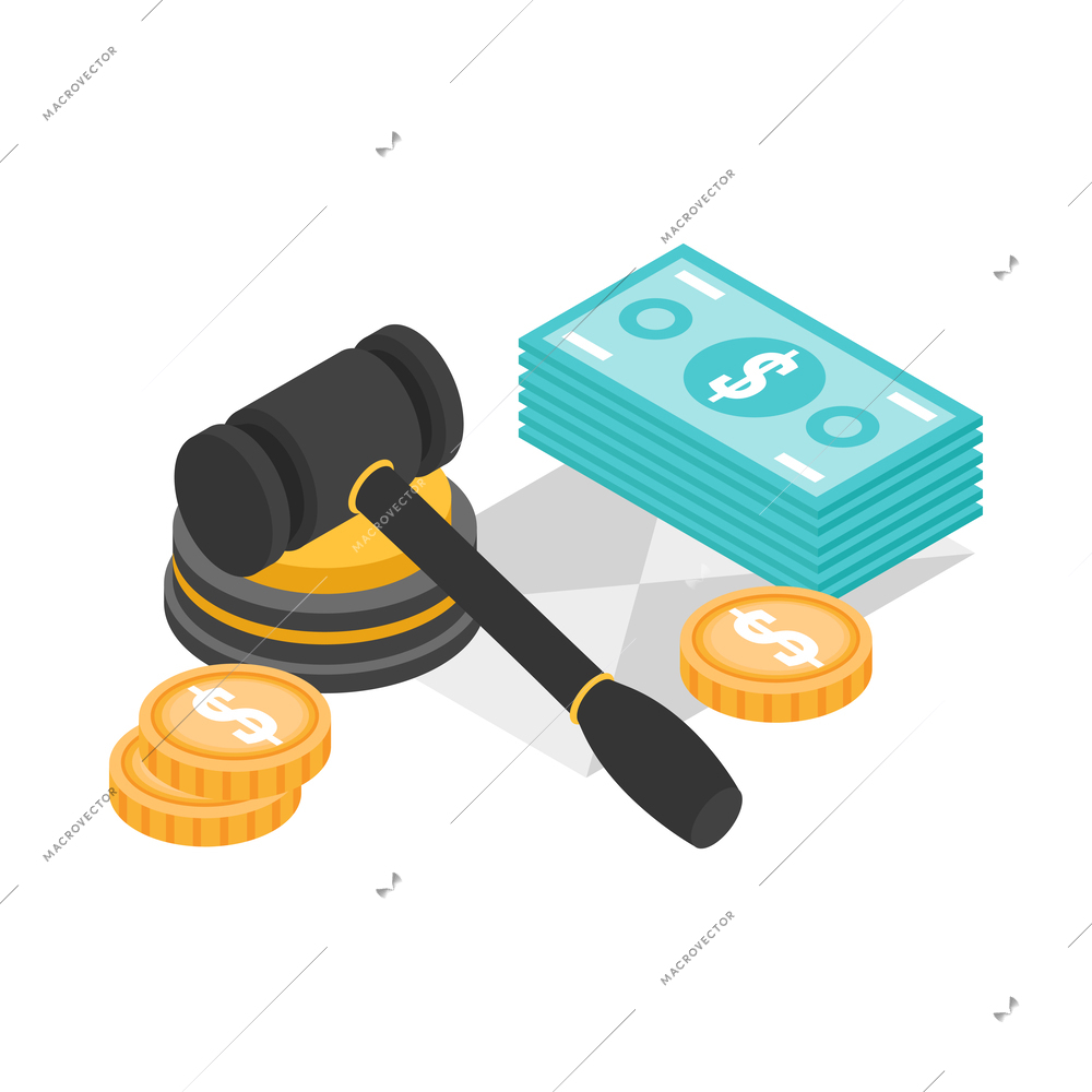 Corruption corruptible judges isometric icon with money and gavel 3d vector illustration