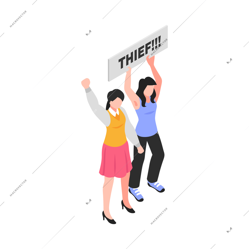 Corruption isometric icon with protesters holding placard thief 3d vector illustration