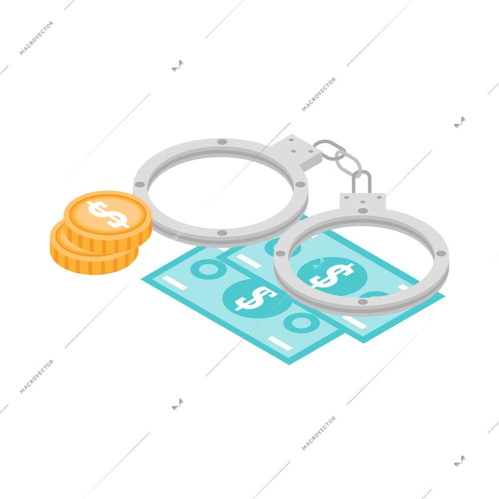 Corruption isometric icon with handcuffs and money 3d vector illustration