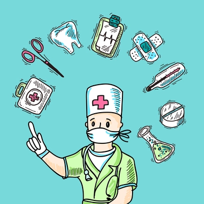 Medical design concept with doctor avatar and healthcare symbols sketch vector illustration