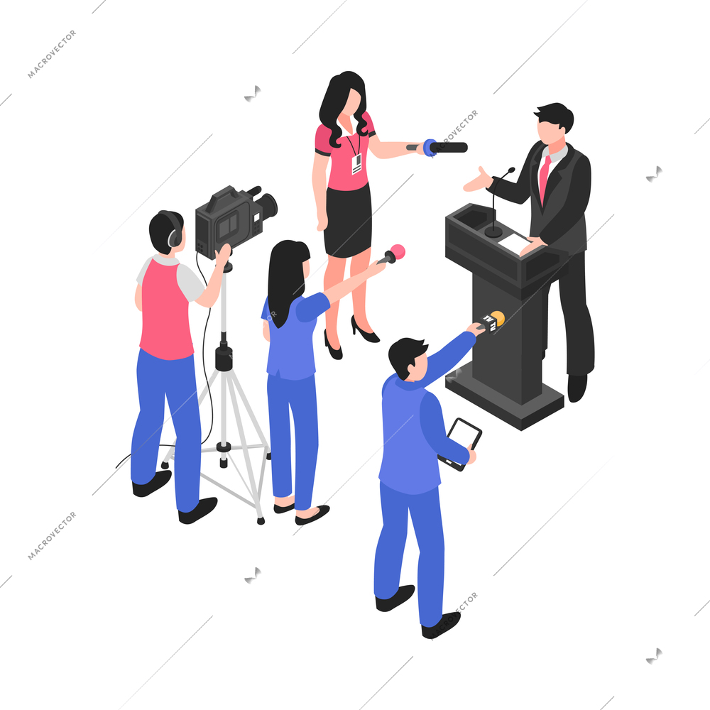 Man at speech tribune answering questions of reporters at press conference 3d isometric vector illustration