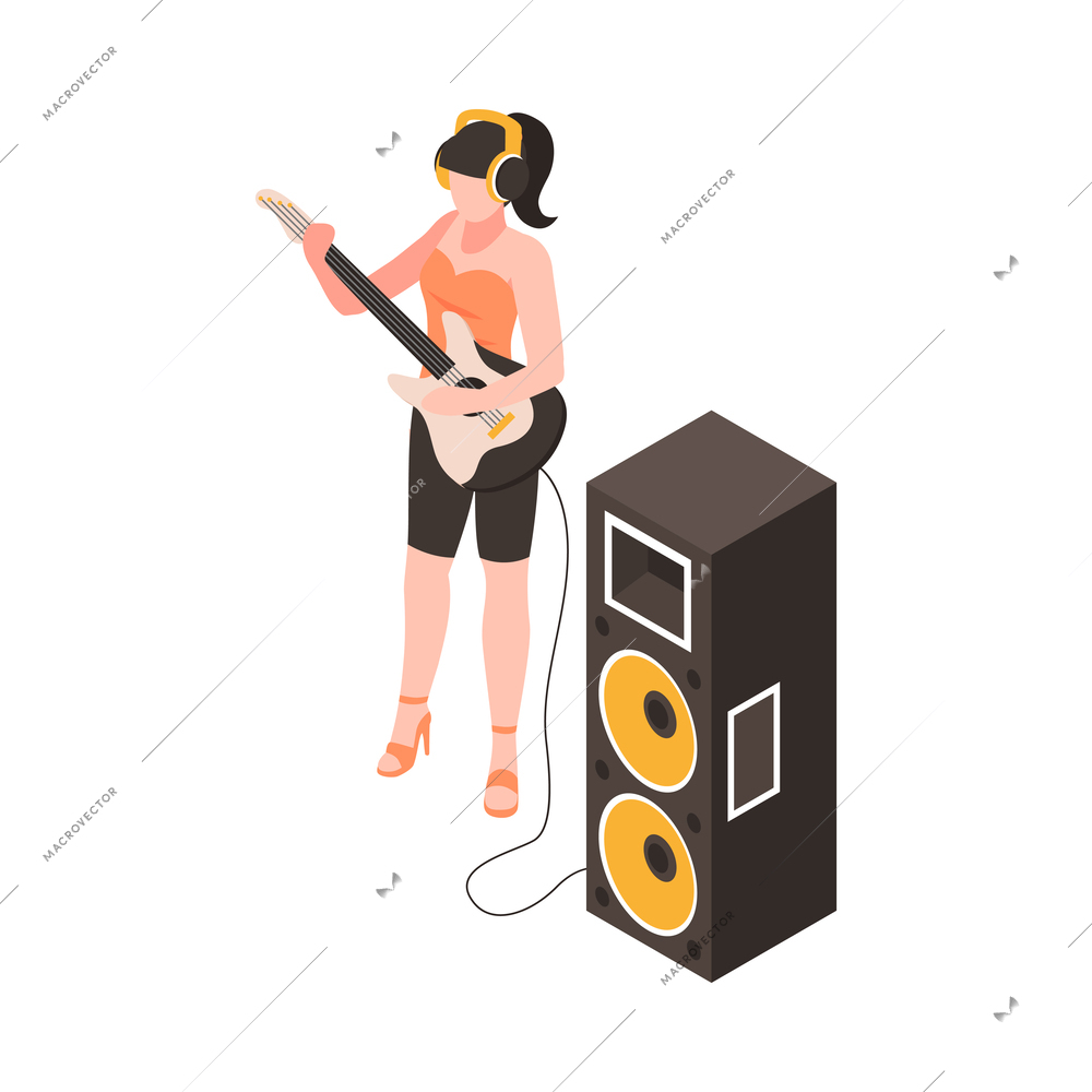 Female musician with guitar recording music at audio studio 3d isometric vector illustration