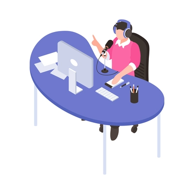 Radio studio isometric icon with host at his workplace 3d vector illustration