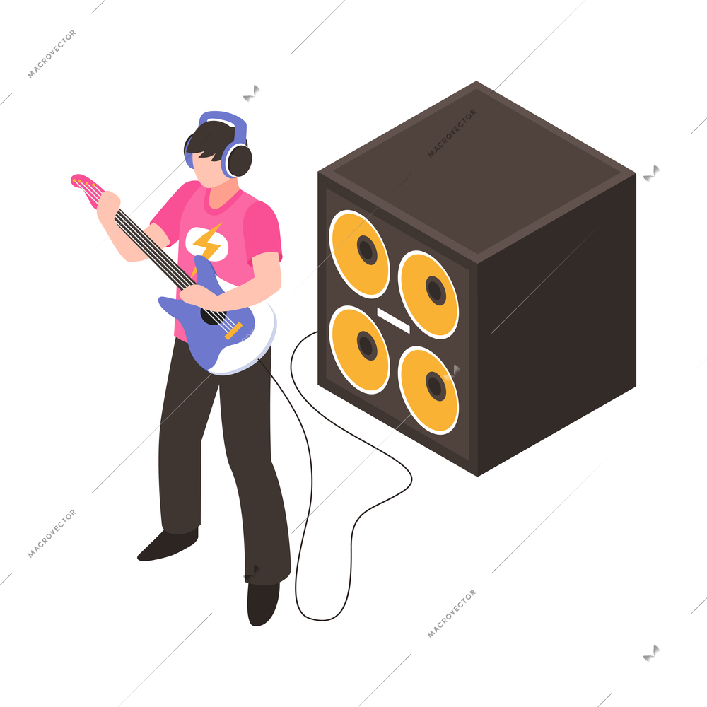 Audio studio isometric icon with male musician playing guitar recording music 3d vector illustration