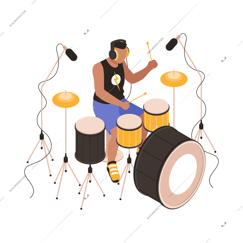 Musician wearing headphones playing drums isometric icon 3d vector illustration