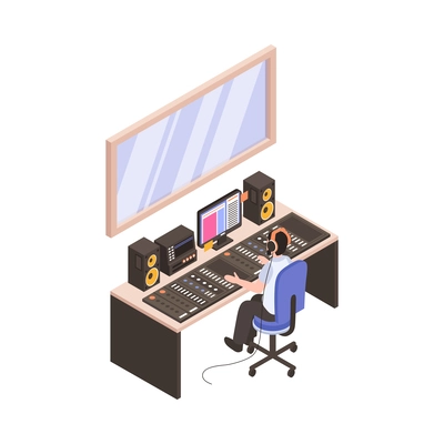 Audio studio isometric icon with sound producer at his work place 3d vector illustration