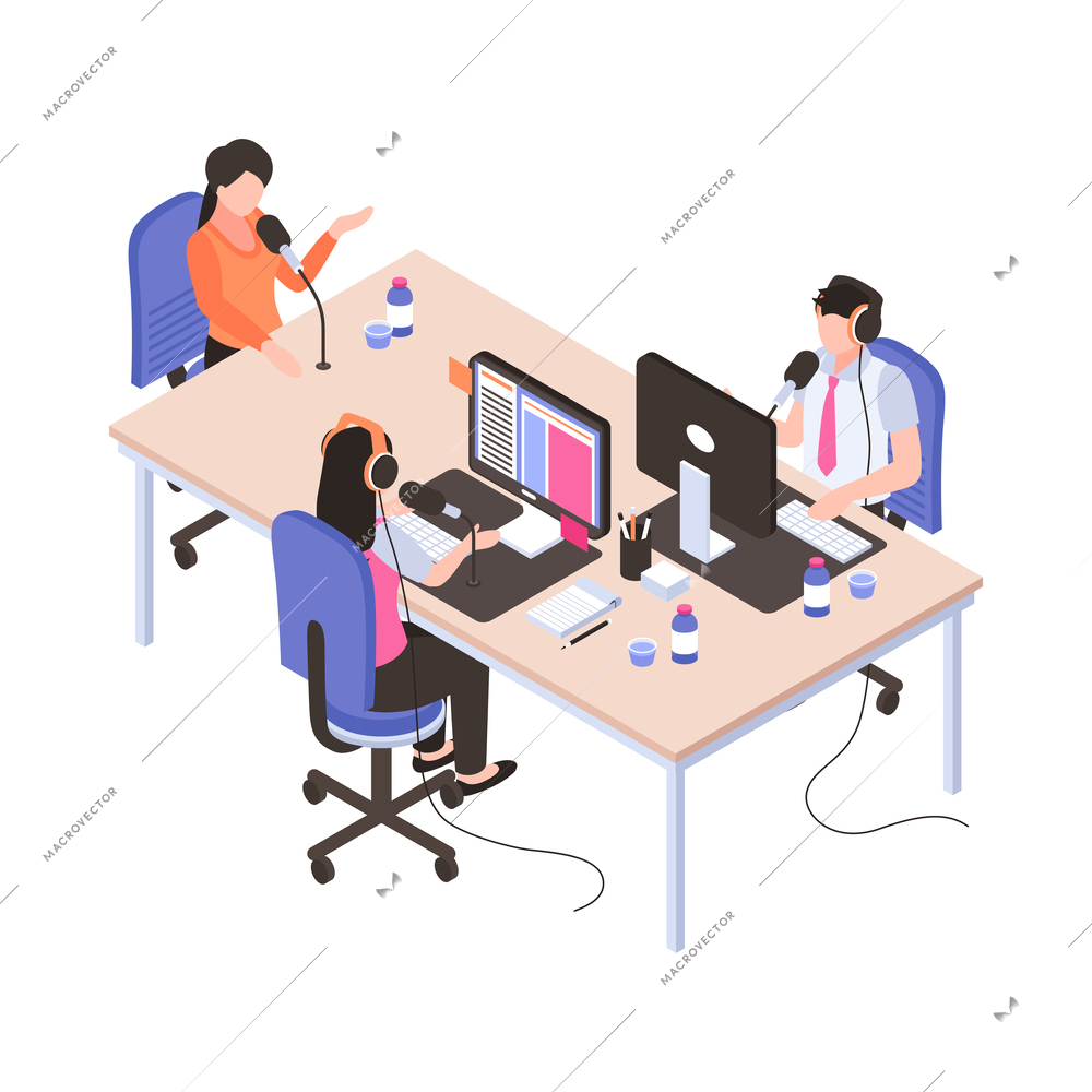 People with microphones working at radio stadio isometric icon 3d vector illustration