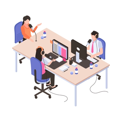 People with microphones working at radio stadio isometric icon 3d vector illustration