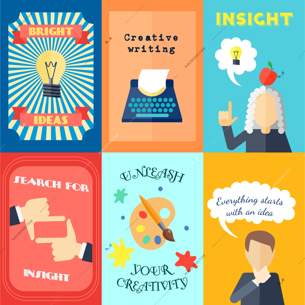 Muse bright ideas creative writing and insights mini poster set isolated vector illustration