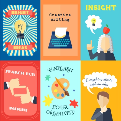 Muse bright ideas creative writing and insights mini poster set isolated vector illustration