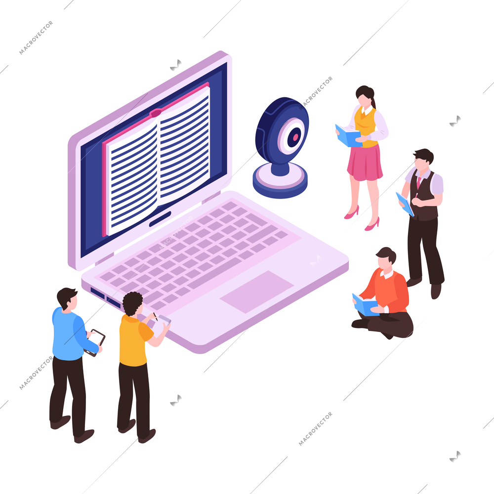 People with books having online lesson on laptop 3d isometric icon vector illustration