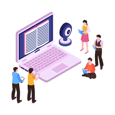 People with books having online lesson on laptop 3d isometric icon vector illustration