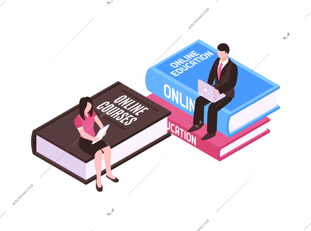 Online lesson isometric concept with books and people studying on laptop and tablet 3d vector illustration